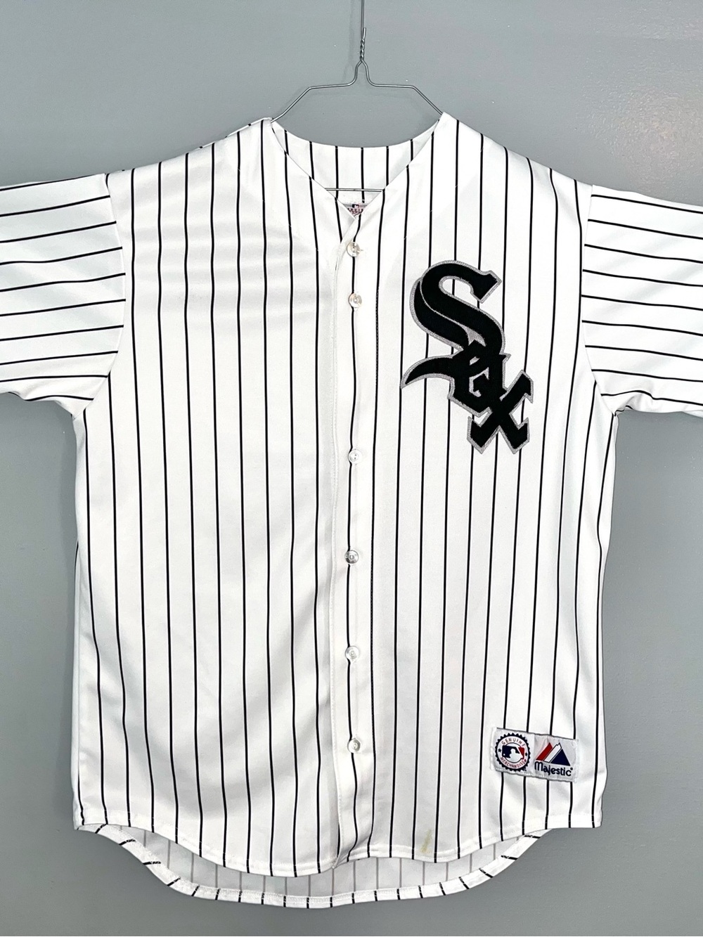 Majestic White and Black Pinstripe Chicago Sox Baseball Jersey
